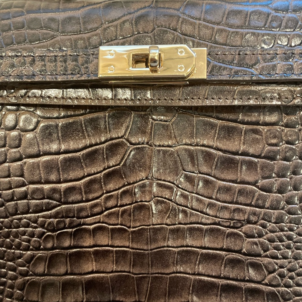 Classic Croc-Embossed Top-Handle Satchel in Dark Brown - Picture 5 of 14